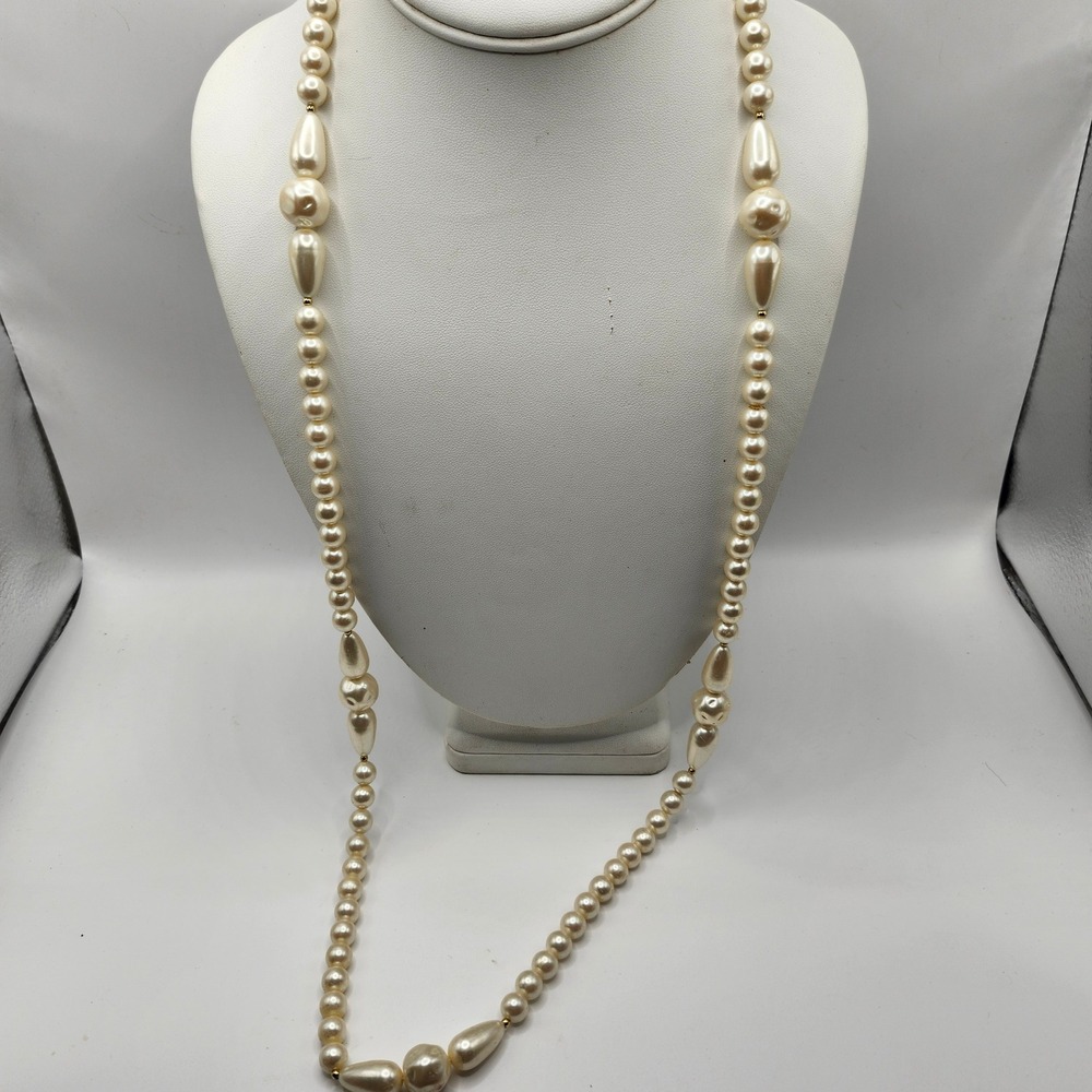 Vintage Faux Acrylic Pearl Long Opera Length Necklace‎ Cream Teardrop Bead